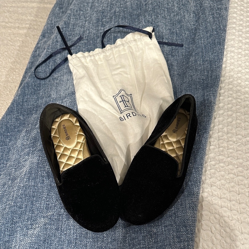 Birdies Black Velvet Slip-Ons with Gold Interior